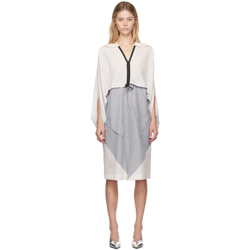 Issey Miyake Colorblock Zip Front Draped Cape Dress Grey Cream Size 3 Large NWT